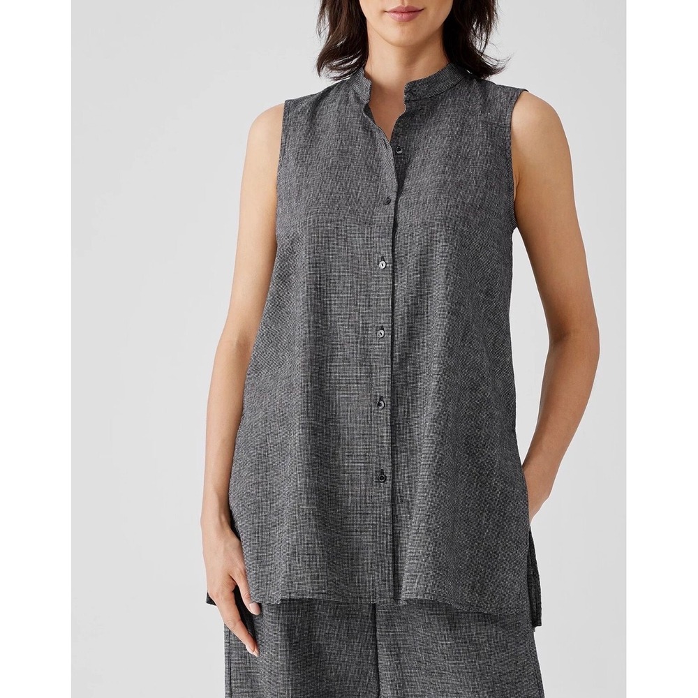 Eileen Fisher NWT XL Hemp Organic Cotton Grid Mandarin Collar Sleeveless Tunic